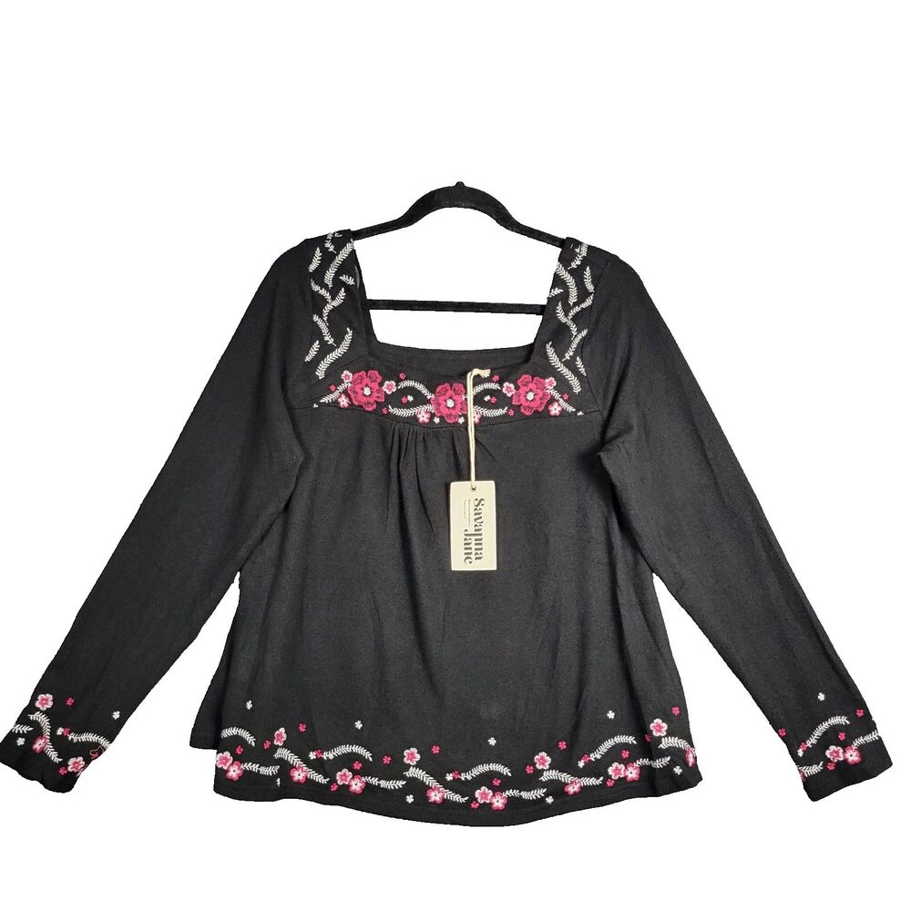 SAVANNA JANE Black Embroidery Floral Long Sleeve Cozy Boho Top SIZE SMALL